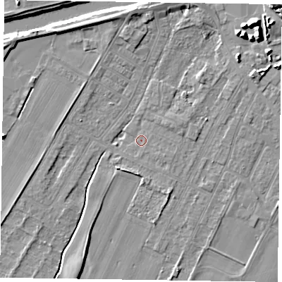 Shaded relief map of the ground around DN145UX, computed from Environment Agency LiDAR. The ground here sits at about 3 m above sea level and falls 11 m across the surrounding 800 m. Surface water reaching this point runs off ground lying to the east-north-east, 1.4 m higher.