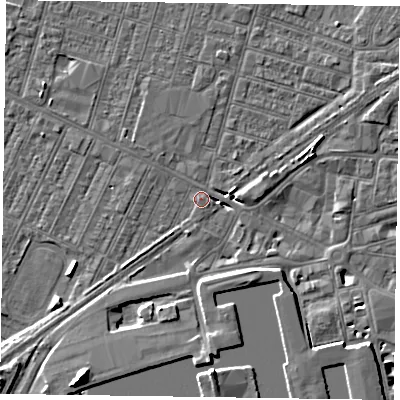Shaded relief map of the ground around DN145UY, computed from Environment Agency LiDAR. The ground here sits at about 3 m above sea level and falls 8 m across the surrounding 800 m. Surface water reaching this point runs off ground lying to the south-west, 8.1 m higher.