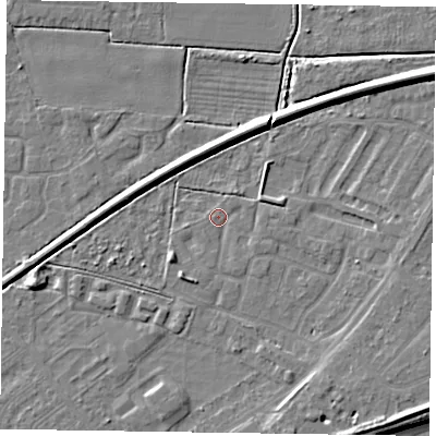 Shaded relief map of the ground around DN145XE, computed from Environment Agency LiDAR. The ground here sits at about 2 m above sea level and falls 8 m across the surrounding 800 m. Surface water reaching this point runs off ground lying to the south-south-east, 3.4 m higher.