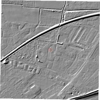 Shaded relief map of the ground around DN145XF, computed from Environment Agency LiDAR. The ground here sits at about 2 m above sea level and falls 8 m across the surrounding 800 m. Surface water reaching this point runs off ground lying to the south-east, 4.9 m higher.
