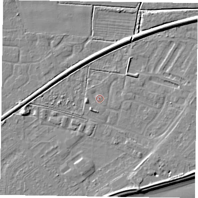 Shaded relief map of the ground around DN145XL, computed from Environment Agency LiDAR. The ground here sits at about 2 m above sea level and falls 8 m across the surrounding 800 m. Surface water reaching this point runs off ground lying to the south-south-east, 4.8 m higher.