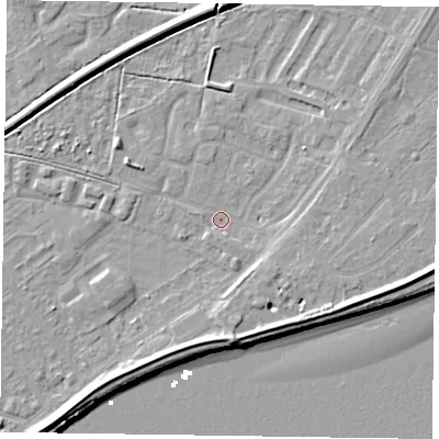 Shaded relief map of the ground around DN145XS, computed from Environment Agency LiDAR. The ground here sits at about 2 m above sea level and falls 7 m across the surrounding 800 m. Surface water reaching this point runs off ground lying to the east-south-east, 4.6 m higher.