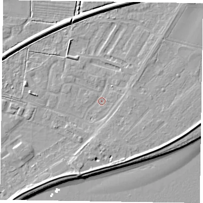 Shaded relief map of the ground around DN145XT, computed from Environment Agency LiDAR. The ground here sits at about 3 m above sea level and falls 8 m across the surrounding 800 m. Surface water reaching this point runs off ground lying to the north-east, 1.2 m higher.