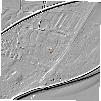 Shaded relief map of the ground around DN145XU, computed from Environment Agency LiDAR. The ground here sits at about 3 m above sea level and falls 8 m across the surrounding 800 m. Surface water reaching this point runs off ground lying to the east-north-east, 1.2 m higher.