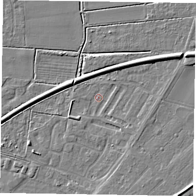 Shaded relief map of the ground around DN145XW, computed from Environment Agency LiDAR. The ground here sits at about 2 m above sea level and falls 8 m across the surrounding 800 m. Surface water reaching this point runs off ground lying to the east-north-east, 6.8 m higher.