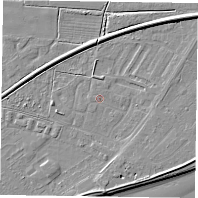 Shaded relief map of the ground around DN145XX, computed from Environment Agency LiDAR. The ground here sits at about 3 m above sea level and falls 8 m across the surrounding 800 m. Surface water reaching this point runs off ground lying to the east, 0.9 m higher.