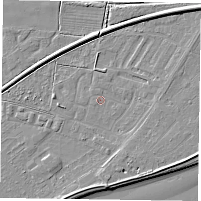 Shaded relief map of the ground around DN145XY, computed from Environment Agency LiDAR. The ground here sits at about 2 m above sea level and falls 8 m across the surrounding 800 m. Surface water reaching this point runs off ground lying to the east-north-east, 0.9 m higher.
