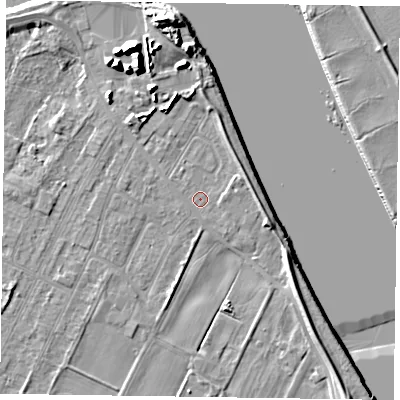 Shaded relief map of the ground around DN145YL, computed from Environment Agency LiDAR. The ground here sits at about 4 m above sea level and falls 13 m across the surrounding 800 m. Surface water reaching this point runs off ground lying to the north-north-west, 3.1 m higher.