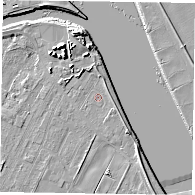 Shaded relief map of the ground around DN145YN, computed from Environment Agency LiDAR. The ground here sits at about 4 m above sea level and falls 13 m across the surrounding 800 m. Surface water reaching this point runs off ground lying to the north-north-east, 2.3 m higher.