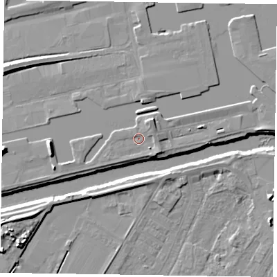 Shaded relief map of the ground around DN145YP, computed from Environment Agency LiDAR. The ground here sits at about 5 m above sea level and falls 11 m across the surrounding 800 m. Surface water reaching this point runs off ground lying to the north-east, 2.7 m higher.