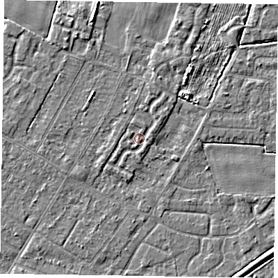 Shaded relief map of the ground around DN146AB, computed from Environment Agency LiDAR. The ground here sits at about 3 m above sea level and falls 4 m across the surrounding 800 m. Surface water reaching this point runs off ground lying to the south-south-west, 0.9 m higher.