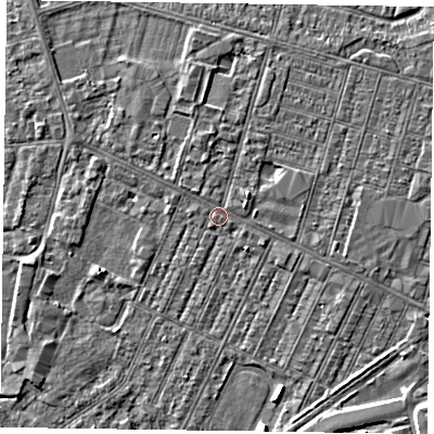 Shaded relief map of the ground around DN146AH, computed from Environment Agency LiDAR. The ground here sits at about 3 m above sea level and falls 4 m across the surrounding 800 m. Surface water reaching this point runs off ground lying to the west, 0.7 m higher.