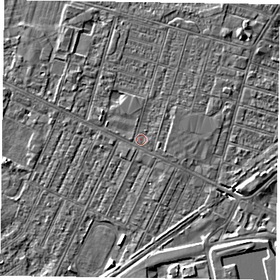 Shaded relief map of the ground around DN146AZ, computed from Environment Agency LiDAR. The ground here sits at about 3 m above sea level and falls 6 m across the surrounding 800 m. The ground contributing surface water to this point lies to the south-south-west.