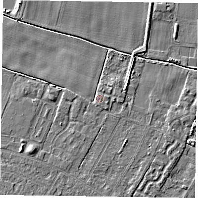 Shaded relief map of the ground around DN146BH, computed from Environment Agency LiDAR. The ground here sits at about 3 m above sea level and falls 5 m across the surrounding 800 m. Surface water reaching this point runs off ground lying to the east-south-east, 1.4 m higher.