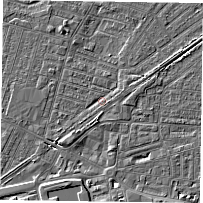 Shaded relief map of the ground around DN146BQ, computed from Environment Agency LiDAR. The ground here sits at about 3 m above sea level and falls 6 m across the surrounding 800 m. Surface water reaching this point runs off ground lying to the south, 4.3 m higher.