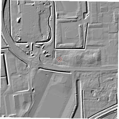 Shaded relief map of the ground around DN146BS, computed from Environment Agency LiDAR. The ground here sits at about 2 m above sea level and falls 8 m across the surrounding 800 m. Surface water reaching this point runs off ground lying to the west-north-west, 3.6 m higher.