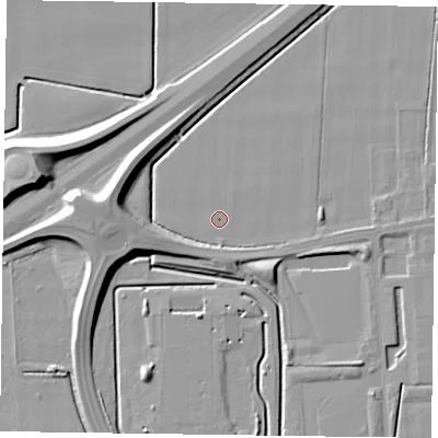 Shaded relief map of the ground around DN146BU, computed from Environment Agency LiDAR. The ground here sits at about 2 m above sea level and falls 11 m across the surrounding 800 m. The ground contributing surface water to this point lies to the north-north-east.