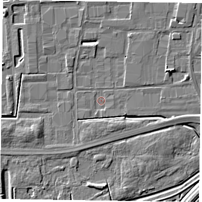 Shaded relief map of the ground around DN146DA, computed from Environment Agency LiDAR. The ground here sits at about 2 m above sea level and falls 8 m across the surrounding 800 m. Surface water reaching this point runs off ground lying to the east-north-east, 4.4 m higher.