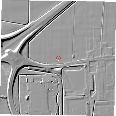 Shaded relief map of the ground around DN146DB, computed from Environment Agency LiDAR. The ground here sits at about 2 m above sea level and falls 11 m across the surrounding 800 m. Surface water reaching this point runs off ground lying to the south-west, 2.9 m higher.