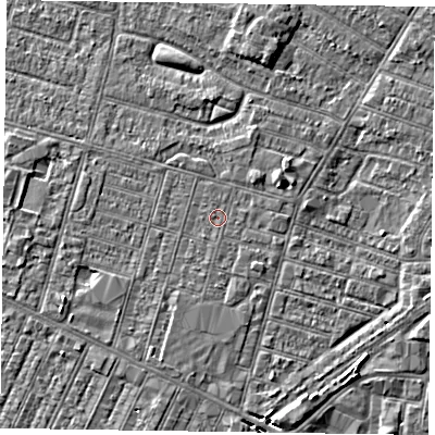 Shaded relief map of the ground around DN146DJ, computed from Environment Agency LiDAR. The ground here sits at about 3 m above sea level and falls 4 m across the surrounding 800 m. Surface water reaching this point runs off ground lying to the south-south-east, 0.5 m higher.