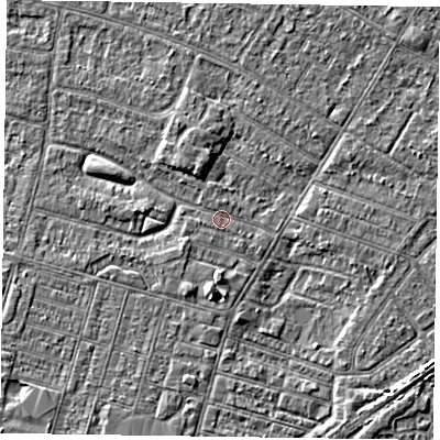 Shaded relief map of the ground around DN146DU, computed from Environment Agency LiDAR. The ground here sits at about 3 m above sea level and falls 2 m across the surrounding 800 m. Surface water reaching this point runs off ground lying to the south, 2.4 m higher.