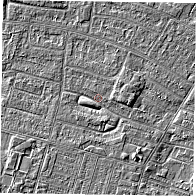 Shaded relief map of the ground around DN146DX, computed from Environment Agency LiDAR. The ground here sits at about 2 m above sea level and falls 2 m across the surrounding 800 m. Surface water reaching this point runs off ground lying to the south-south-east, 2.2 m higher.