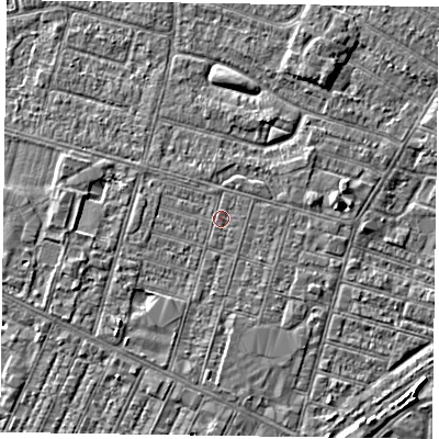 Shaded relief map of the ground around DN146ED, computed from Environment Agency LiDAR. The ground here sits at about 3 m above sea level and falls 4 m across the surrounding 800 m. The ground contributing surface water to this point lies to the east-south-east.