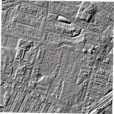 Shaded relief map of the ground around DN146EE, computed from Environment Agency LiDAR. The ground here sits at about 3 m above sea level and falls 4 m across the surrounding 800 m. Surface water reaching this point runs off ground lying to the west, 0.6 m higher.
