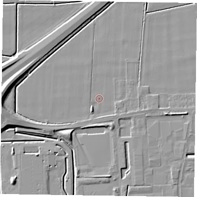 Shaded relief map of the ground around DN146ER, computed from Environment Agency LiDAR. The ground here sits at about 2 m above sea level and falls 10 m across the surrounding 800 m. Surface water reaching this point runs off ground lying to the west-south-west, 3.1 m higher.