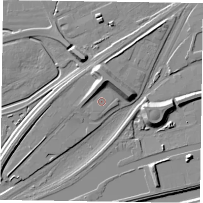 Shaded relief map of the ground around DN146ES, computed from Environment Agency LiDAR. The ground here sits at about 6 m above sea level and falls 13 m across the surrounding 800 m. Surface water reaching this point runs off ground lying to the north-west, 4.3 m higher.
