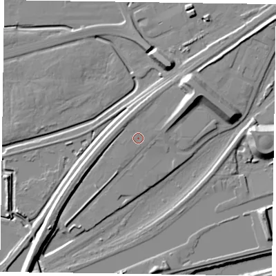 Shaded relief map of the ground around DN146ET, computed from Environment Agency LiDAR. The ground here sits at about 6 m above sea level and falls 13 m across the surrounding 800 m. Surface water reaching this point runs off ground lying to the north-west, 1.4 m higher.