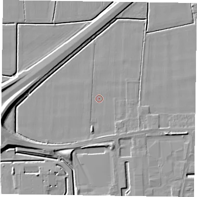 Shaded relief map of the ground around DN146FA, computed from Environment Agency LiDAR. The ground here sits at about 2 m above sea level and falls 10 m across the surrounding 800 m. Surface water reaching this point runs off ground lying to the south-west, 3.1 m higher.
