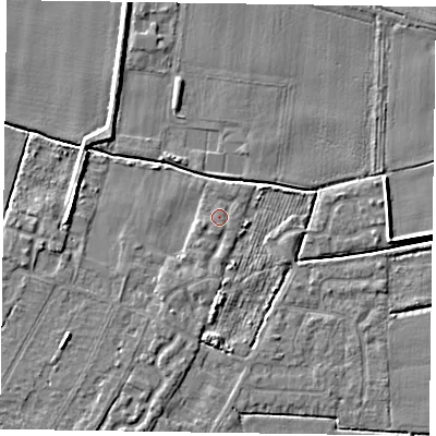 Shaded relief map of the ground around DN146FE, computed from Environment Agency LiDAR. The ground here sits at about 2 m above sea level and falls 5 m across the surrounding 800 m. Surface water reaching this point runs off ground lying to the south, 0.8 m higher.