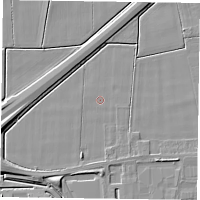 Shaded relief map of the ground around DN146FN, computed from Environment Agency LiDAR. The ground here sits at about 2 m above sea level and falls 8 m across the surrounding 800 m. Surface water reaching this point runs off ground lying to the west-south-west, 7.5 m higher.