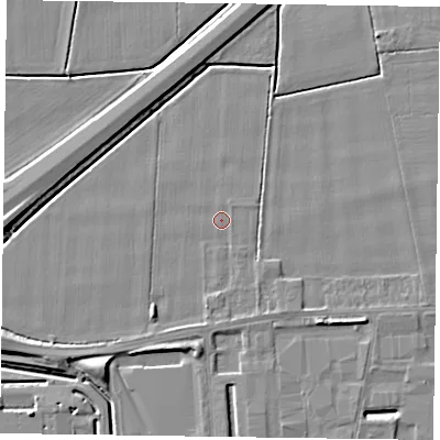 Shaded relief map of the ground around DN146FP, computed from Environment Agency LiDAR. The ground here sits at about 2 m above sea level and falls 6 m across the surrounding 800 m. The ground contributing surface water to this point lies to the north-east.