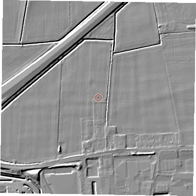 Shaded relief map of the ground around DN146FQ, computed from Environment Agency LiDAR. The ground here sits at about 2 m above sea level and falls 5 m across the surrounding 800 m. The ground contributing surface water to this point lies to the south-west.