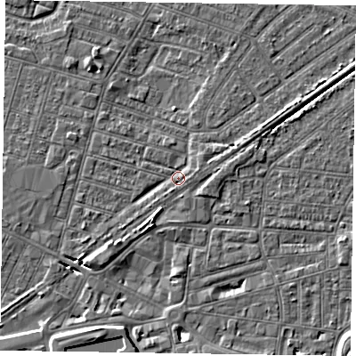 Shaded relief map of the ground around DN146FS, computed from Environment Agency LiDAR. The ground here sits at about 3 m above sea level and falls 6 m across the surrounding 800 m. Surface water reaching this point runs off ground lying to the south-south-west, 4.3 m higher.
