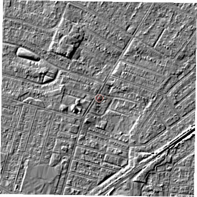 Shaded relief map of the ground around DN146HF, computed from Environment Agency LiDAR. The ground here sits at about 2 m above sea level and falls 4 m across the surrounding 800 m. Surface water reaching this point runs off ground lying to the west-south-west, 2.4 m higher.