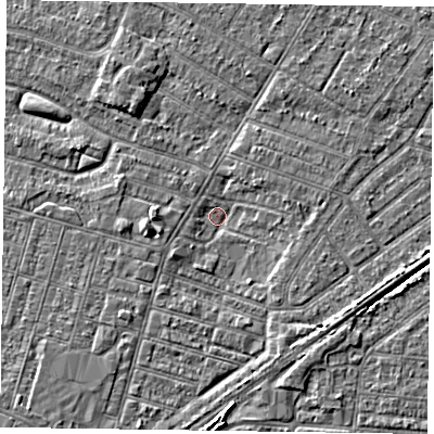 Shaded relief map of the ground around DN146HG, computed from Environment Agency LiDAR. The ground here sits at about 2 m above sea level and falls 4 m across the surrounding 800 m. Surface water reaching this point runs off ground lying to the south, 2.1 m higher.