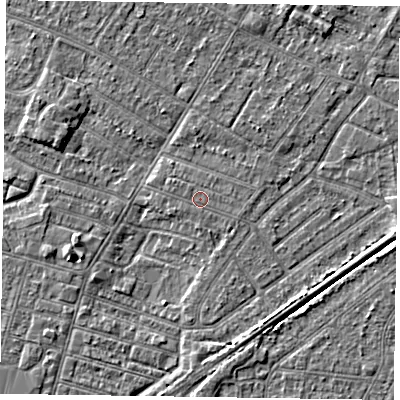 Shaded relief map of the ground around DN146HJ, computed from Environment Agency LiDAR. The ground here sits at about 3 m above sea level and falls 2 m across the surrounding 800 m. The ground contributing surface water to this point lies to the east-south-east.