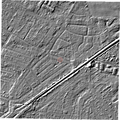 Shaded relief map of the ground around DN146HT, computed from Environment Agency LiDAR. The ground here sits at about 2 m above sea level and falls 4 m across the surrounding 800 m. Surface water reaching this point runs off ground lying to the south-east, 2.4 m higher.