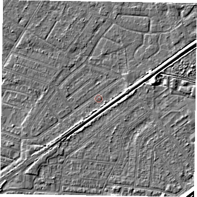 Shaded relief map of the ground around DN146HU, computed from Environment Agency LiDAR. The ground here sits at about 2 m above sea level and falls 5 m across the surrounding 800 m. Surface water reaching this point runs off ground lying to the south-west, 2.0 m higher.