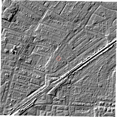 Shaded relief map of the ground around DN146HW, computed from Environment Agency LiDAR. The ground here sits at about 3 m above sea level and falls 4 m across the surrounding 800 m. The ground contributing surface water to this point lies to the south-south-west.