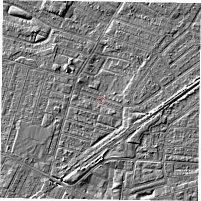 Shaded relief map of the ground around DN146JA, computed from Environment Agency LiDAR. The ground here sits at about 2 m above sea level and falls 4 m across the surrounding 800 m. Surface water reaching this point runs off ground lying to the south, 4.3 m higher.