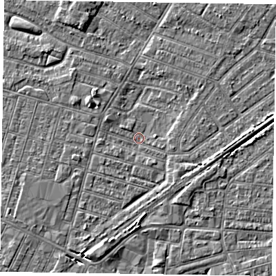 Shaded relief map of the ground around DN146JB, computed from Environment Agency LiDAR. The ground here sits at about 2 m above sea level and falls 4 m across the surrounding 800 m. Surface water reaching this point runs off ground lying to the south, 4.3 m higher.