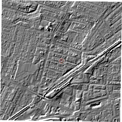 Shaded relief map of the ground around DN146JE, computed from Environment Agency LiDAR. The ground here sits at about 3 m above sea level and falls 5 m across the surrounding 800 m. Surface water reaching this point runs off ground lying to the west, 0.8 m higher.