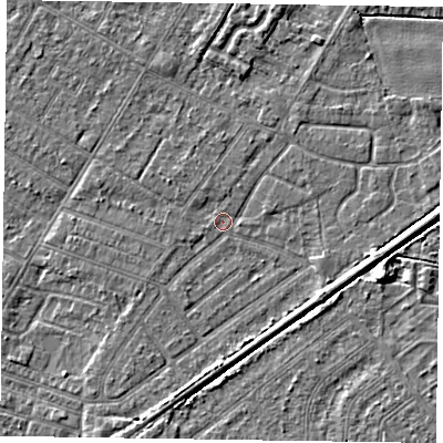 Shaded relief map of the ground around DN146JH, computed from Environment Agency LiDAR. The ground here sits at about 2 m above sea level and falls 4 m across the surrounding 800 m. Surface water reaching this point runs off ground lying to the south-east, 2.4 m higher.