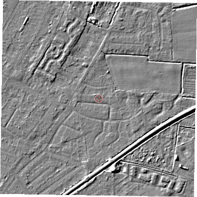 Shaded relief map of the ground around DN146JJ, computed from Environment Agency LiDAR. The ground here sits at about 2 m above sea level and falls 5 m across the surrounding 800 m. Surface water reaching this point runs off ground lying to the east-south-east, 4.0 m higher.