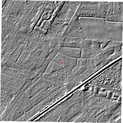 Shaded relief map of the ground around DN146JS, computed from Environment Agency LiDAR. The ground here sits at about 2 m above sea level and falls 4 m across the surrounding 800 m. The ground contributing surface water to this point lies to the east-north-east.