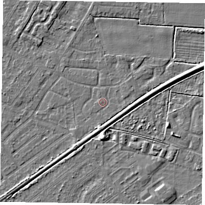 Shaded relief map of the ground around DN146JW, computed from Environment Agency LiDAR. The ground here sits at about 2 m above sea level and falls 6 m across the surrounding 800 m. Surface water reaching this point runs off ground lying to the south, 2.0 m higher.